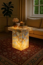 Elegant Bluish Grey Onyx Pedestal Table with Optional LED Lighting – Handcrafted