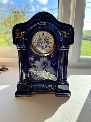 Vintage Keramik Manteluhr Kobaltblau & Goldfarbene Akzente Blumenmuster
