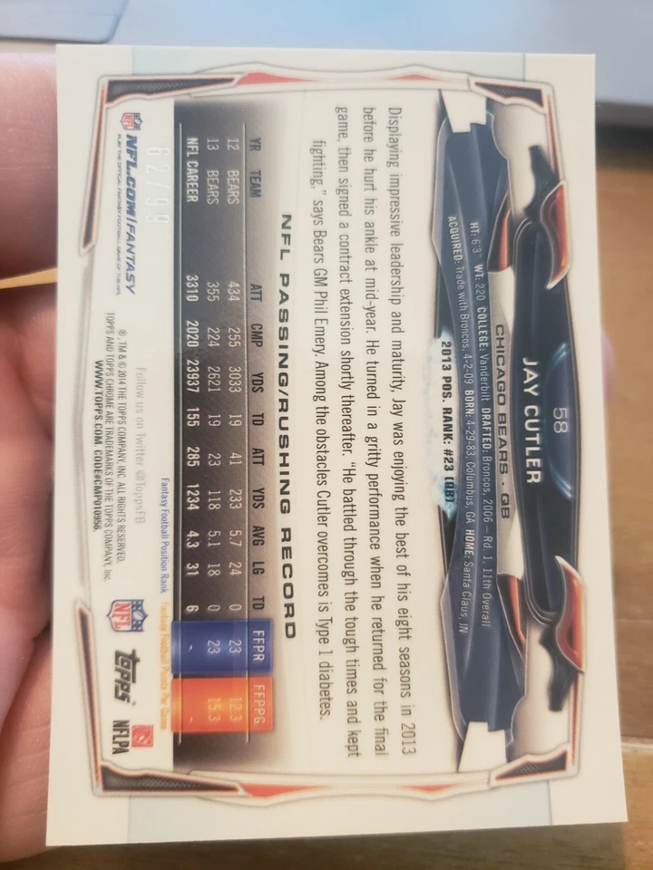 JAY CUTLER 2014 TOPPS CHROME SEPIA REFRACTOR 62/99 MINT! - Image 2 of 2