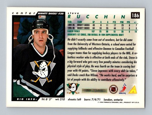 1996-97 Puntuación Steve Rucchin Anaheim Mighty Ducks #186 - Imagen 2 de 2