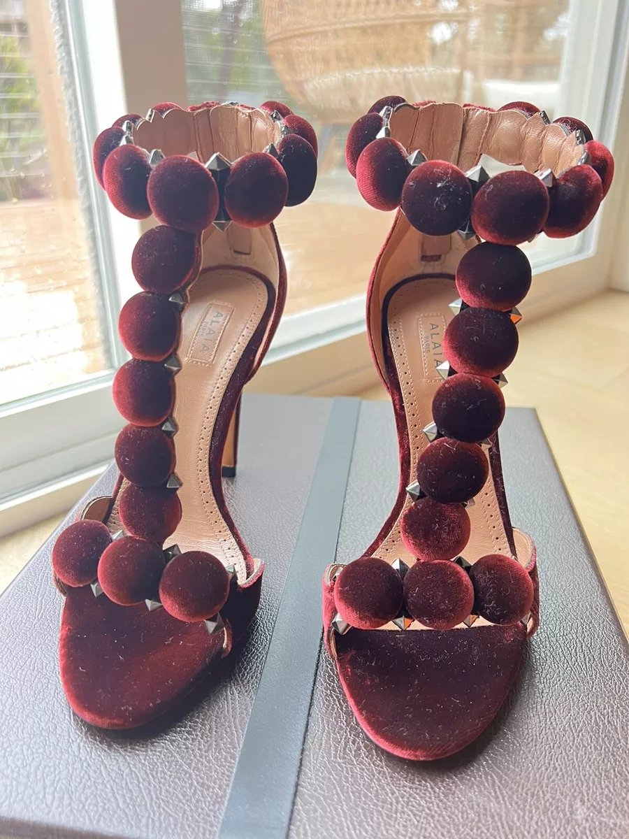 Azzedine Alaia Bombe Pom Pom Stud T-STRAP Sandals Red Velvet
