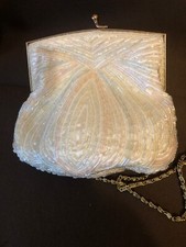 Purse Clutch Gold White Ivory Glass Beaded Evening Bag Hand Made Macau