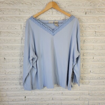 White Stag Womens Top 4X 26W 28W Plus Long Sleeve Blue Cotton Lace Trim Casual