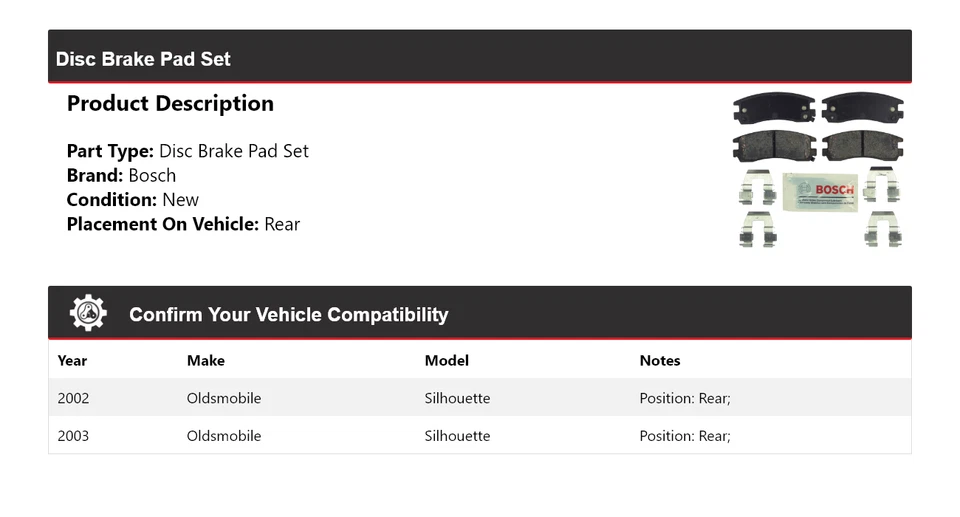 Pastillas de freno de cerámica azul Bosch Oldsmobile Silhouette 2002-2003 con trasero HD Foto 2 de 4