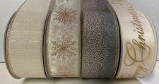 Christmas Wired Ribbon Gold Cream Grey Merry Christmas Snowflakes 20y Total