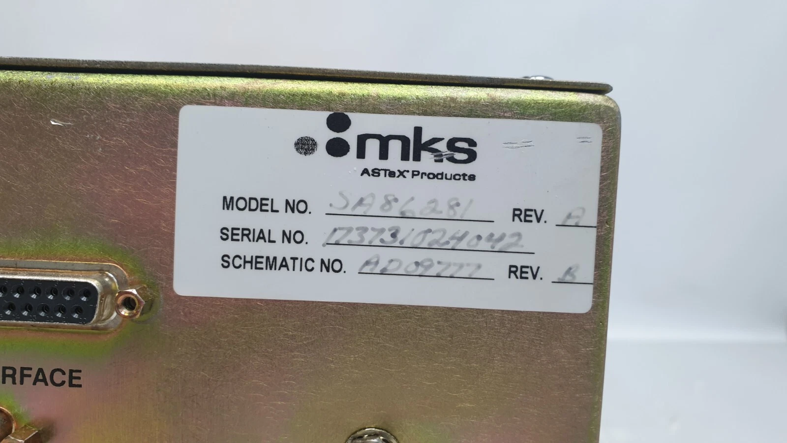 MKS ASTeX Products label: model SA86281 Rev. A, schematic AD09777 Rev. B