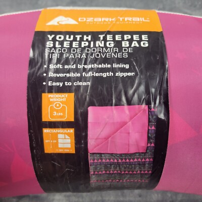 Ozark Trail PInk Girl Youth Teepee Sleeping Bag 5ft 6in by 2ft 9in