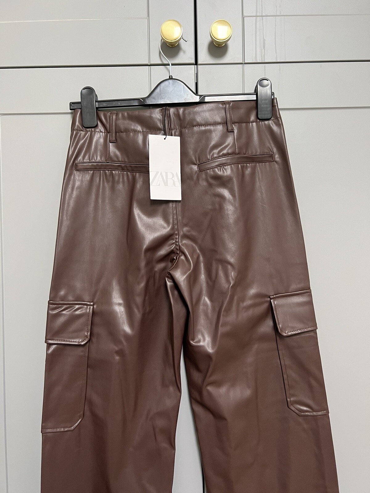 ZARA Dark Brown High Waisted Faux Leather Cargo Trousers S | eBay