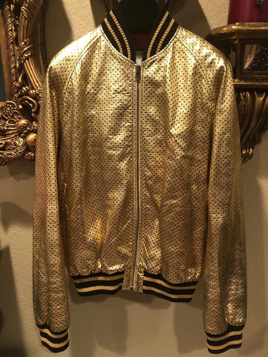 100% Authentic GUCCI “ GUCCY “Print SEGA Gold Bomber leather Jacket Size: 40