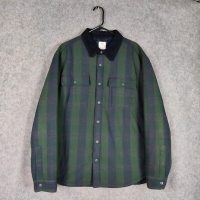 M&S Jacket Mens Size XL Green Plaid Borg Sherpa Lined Shacket The Overshirt  UK