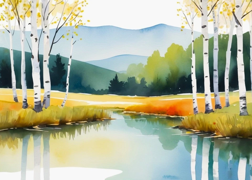 ACEO Mini *ART PRINT* Birch River Landscape Tiny Miniature Watercolor by Saulite