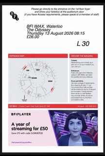 BFI IMAX Waterloo London The Odyssey Cinema Ticket 13 Aug 2026 08:15 L30