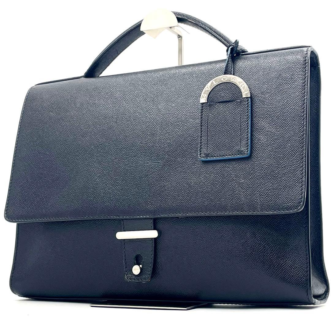 Bvlgari Business Bag Briefcase Handbag Leather Black Blue Men Used