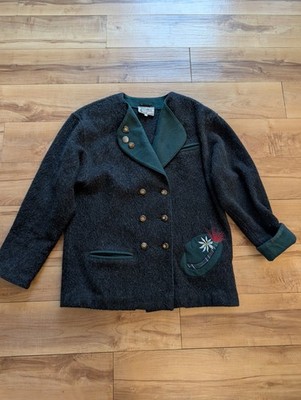 Vtg DISTLER Trachten Alpine Swiss Wool Trad Grey & Green Sweater Jacket L/XL
