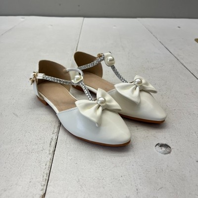 White Pointed Toe Rhinestone & Pearl T-Strap D'orsay Flats Girls Size 13 NEW