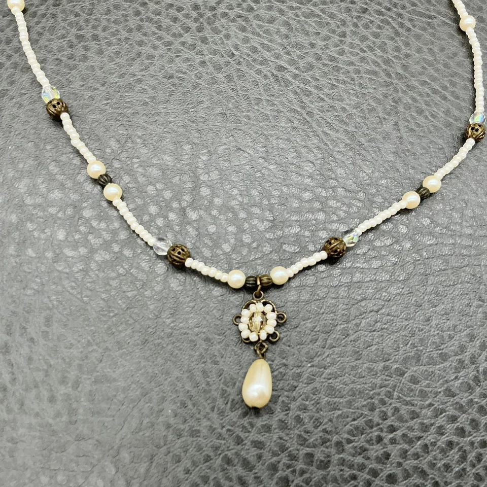 Collar Robert Rose Cuentas Imitación Perla Cristal Lágrima Colgante Tono Dorado 16" Foto 3 de 4