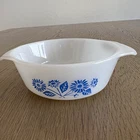Fire-King Vintage Round Milk Glass Casserole Dish Blue Floral Handles 12oz # 472
