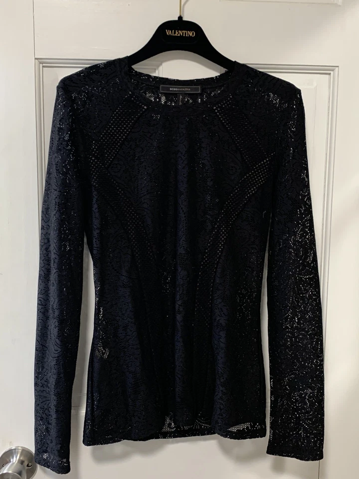 Top manga larga BCBG MAXAZRIA 'Mikayla' negro cachemir encaje transparente | XXS Foto 4 de 4