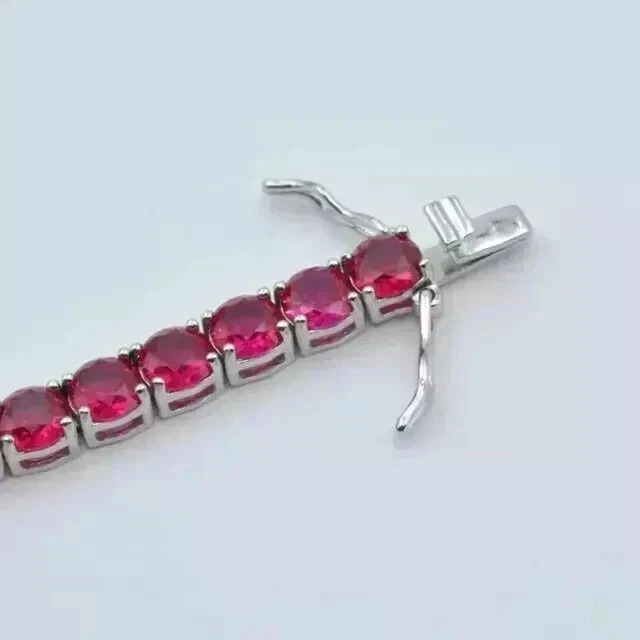 3mm 8Ct Round Lab-Created Ruby Women Tennis Bracelet 14k White Gold Plated 7" - Image 3 of 4