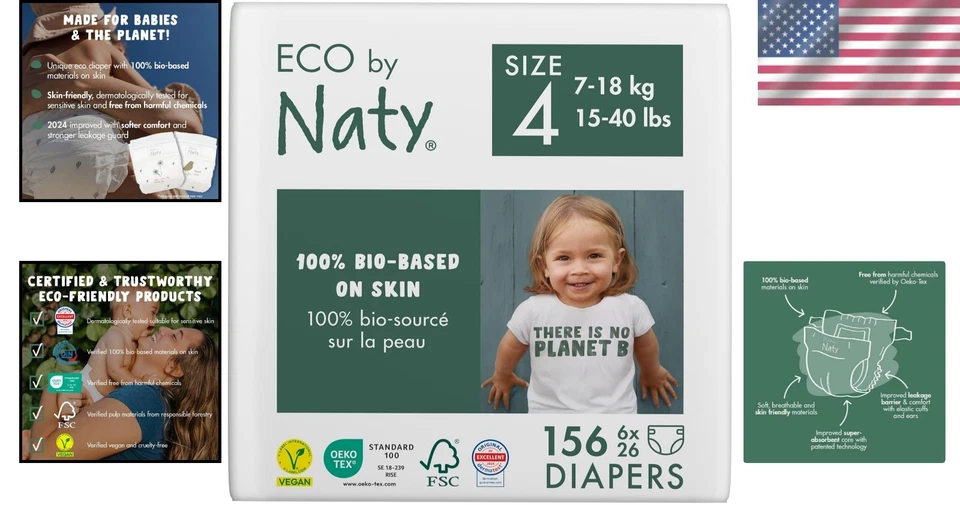 Soft and Absorbent Plant-Based Diapers for Sensitive Infants - Size 4, 156 Count - Image 2 of 4