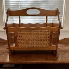 Vintage Jay Imports Wood Wicker Rattan Cane Magazine Rack Record Holder