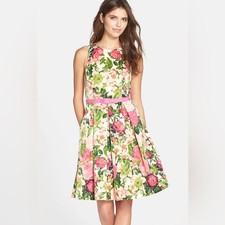Eliza J Spring Floral Fit and Flare Dress 10P Easter Brunch Faille Preppy Belted