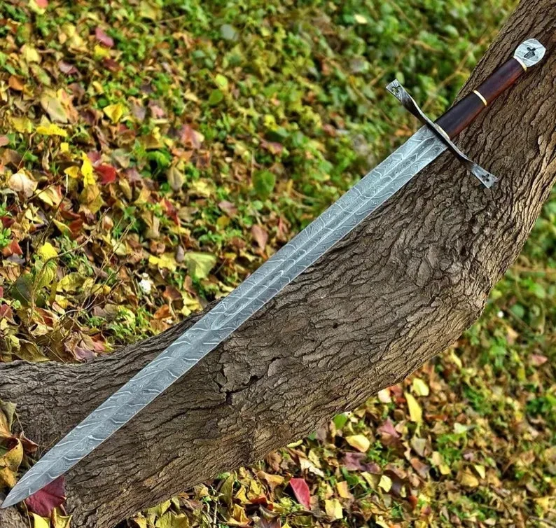 Espada Vikinga Real Medieval Damasco Acero Hecha a Mano con Cuero, Espada Vikinga Foto 2 de 4