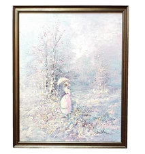 Vintage Impressionist Pastel Oil Painting Girl with a Parasol Silver Frame 16x20