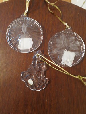 Mikasa Crystal Christmas Ornaments Poinsettias Bells of Joy Clear Frosted Glass