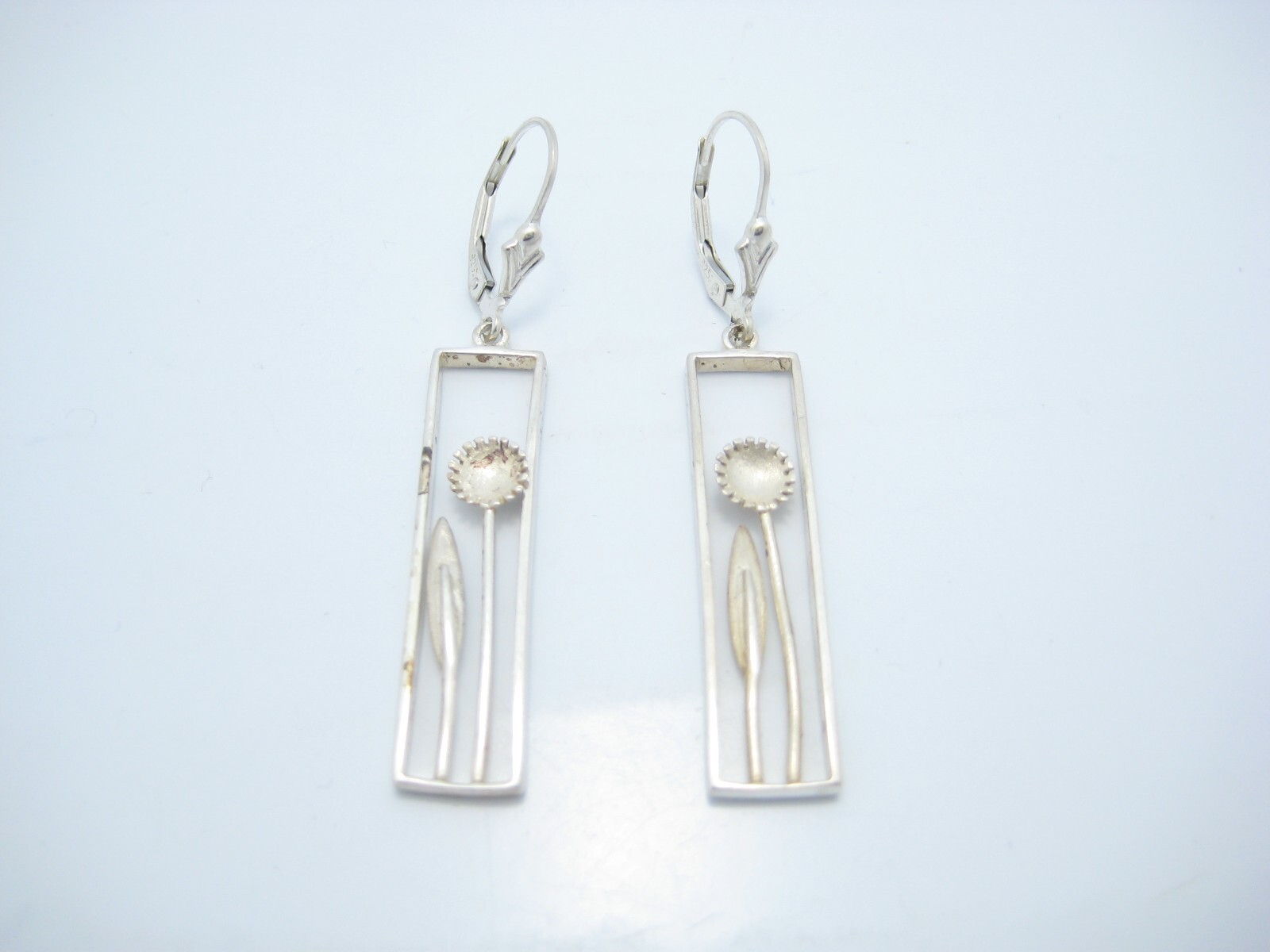 Sterling Silver Rectangular Flower Hook Dangle Ea… - image 1