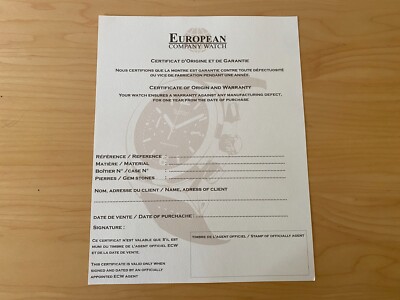 EUROPEAN COMPANY WATCH - Certificado de origen y Garantía - 24 x 19 cm