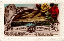 RPPC Postcard 21st Birthday Greetings Scenic View Yellow & Red Roses       16111