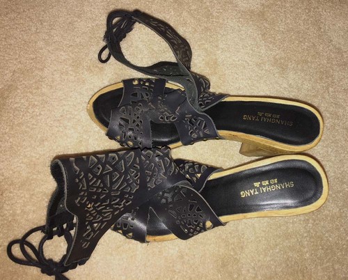 SHANGHAI TANG Leather Nail-Head Wood Clog Mules 4.5" Heels Tie Slingback 39 / 9 - Imagen 6 de 12