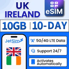 UK & Ireland eSIM - 10GB High-Speed(1GB/Day), 10 Day JetSim/Travel