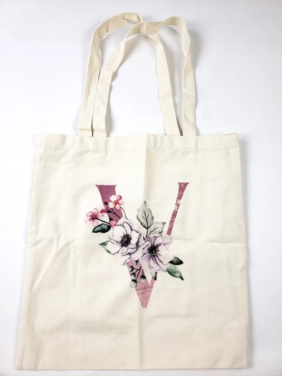 BeeGreen Floral Monogram Tote Bag w 2 Pockets Canvas Tote Bag for Women Letter V