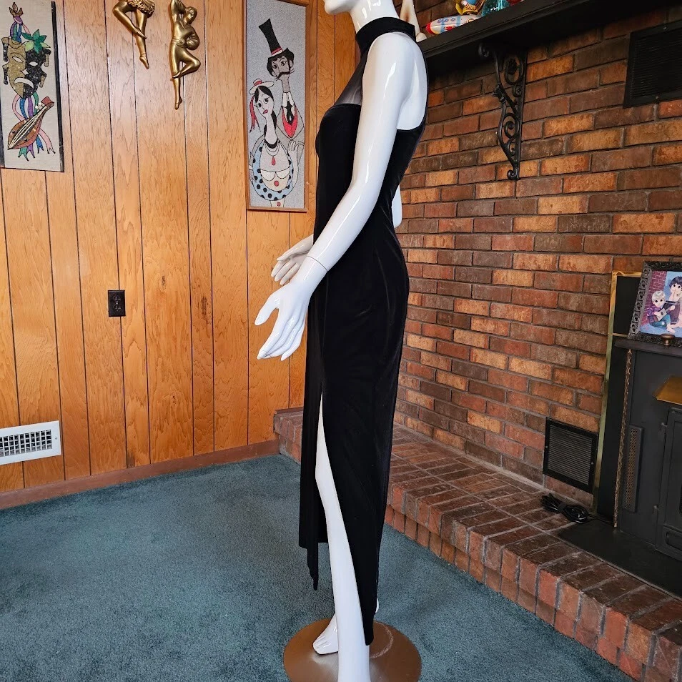 Vestido Gargantilla Formal Terciopelo Elástico Gótico Vampiro Años 90 De Colección Hendidura Alta Negro Vestido M/L Foto 4 de 4