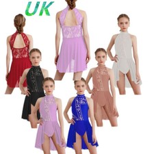 UK Girls Floral Lace Patchwork Ballet Dance Leotards with Warp Skirt Lyrical
