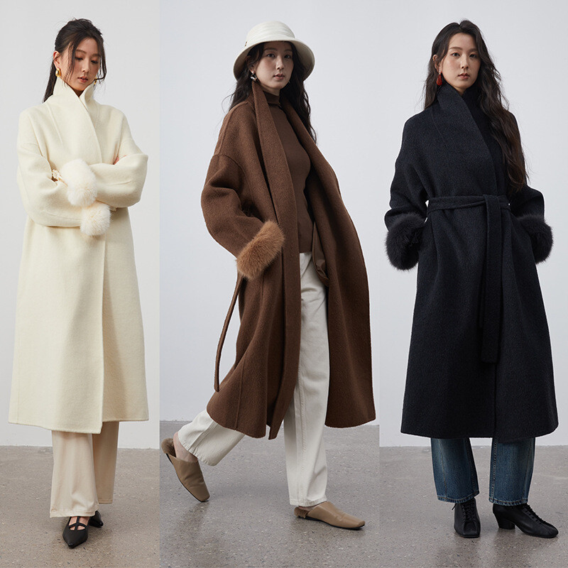 Women Loose Style Bathrobe Over The Knee Wool Belted Fur Trim Sleeve Trench Coat