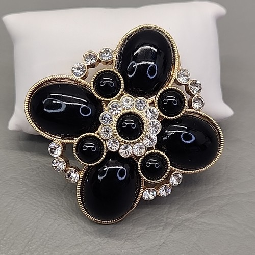 Vintage Floral Brooch Statement Black Acrylic Clear Rhinestones Gold Tone 2"