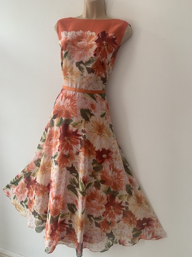 HOBBS size 16 CARLY DAHLIA floral Chiffon Midi Occasion Dress In Orange - Picture 2 of 11