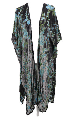 Natural Life Floral Burnout Kimono One Size Gray Long Duster Peasant Boho OS