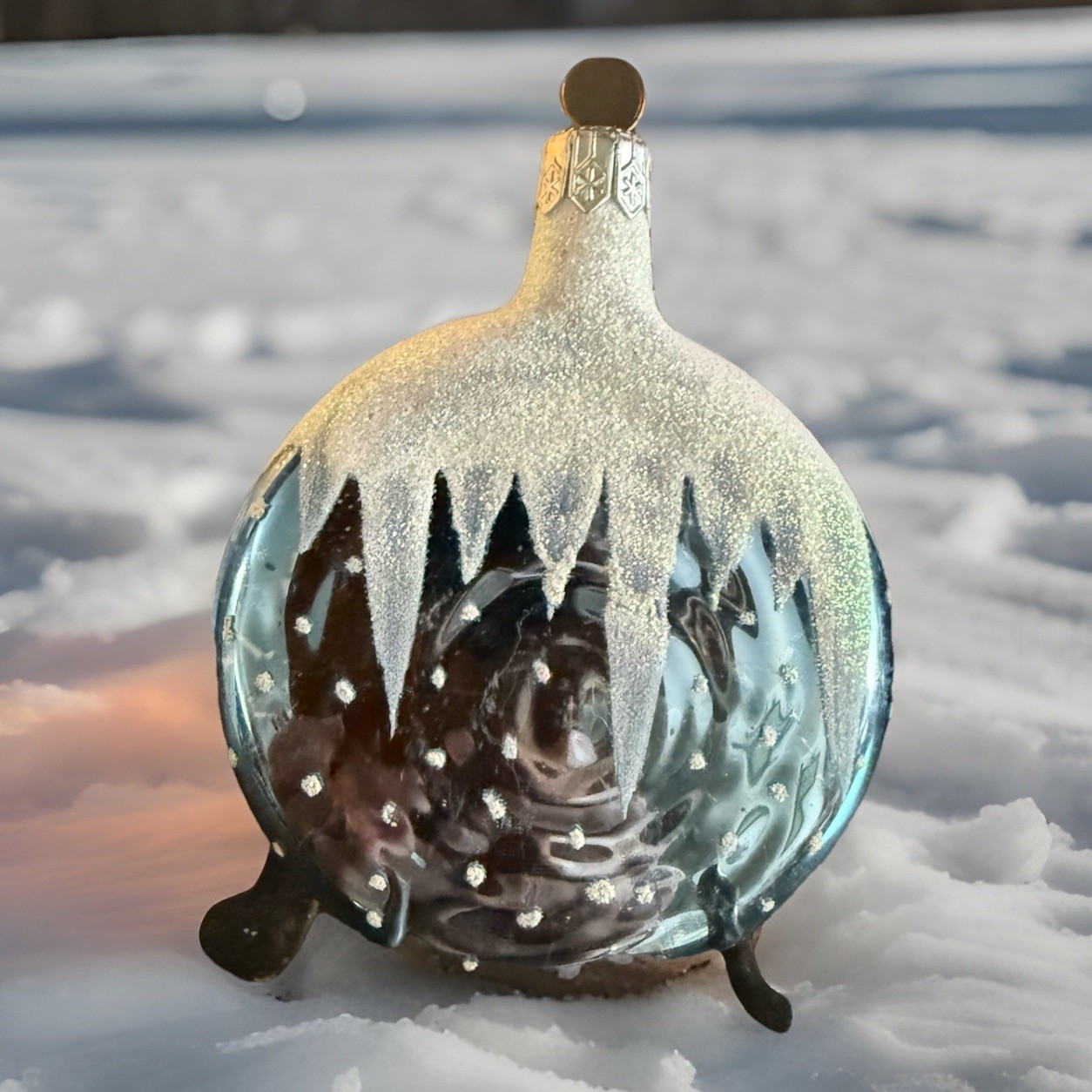 Vintage blau satiniertes Quecksilber Glas flach 3" Germany Glimmer Schnee je 1