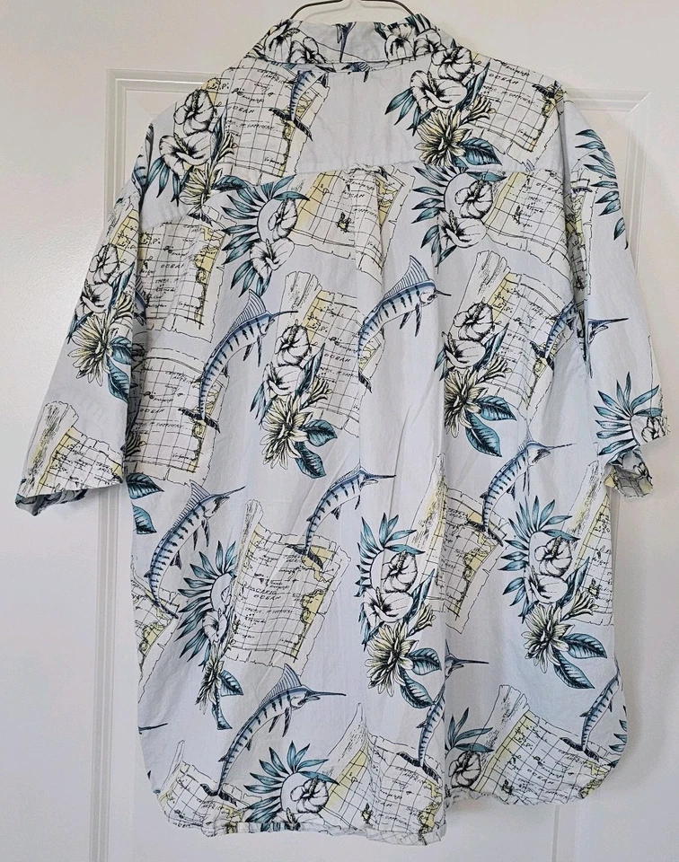 Camisa de campamento hawaiana Aloha con mapa de pez vela e hibisco floral para hombre XXL Foto 2 de 4