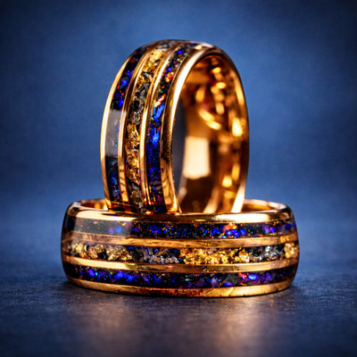 Rose Gold Tungsten Meteorite Men s Wedding Ring   Crushed Gold Leaf & Blue Sands