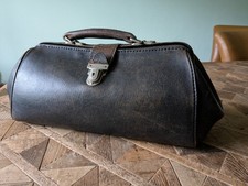 Vintage Black Leather Gladstone Bag / Doctors Case Silver Metal Closures