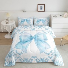 Girls Pretty Ribbon Blue Bow Bedding Set Full Size Blue Damask Comforter Set ...