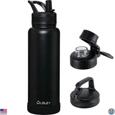 40 oz Insulated Stainless Steel Water Bottle with Straw & 3 Lids, Black