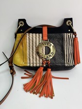 River Island Black Orange Mustard Tan Woven RI Ring Tassel Crossbody Bag - NUN