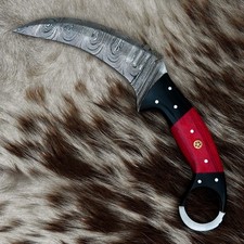 Handmade Damascus Steel Karambit Knife with Red &Black Handle and Leather Sheath