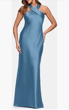 Xscape SZ 6 Blue Satin Halter Gown Cross Neck Backless Formal Evening Dress GALA